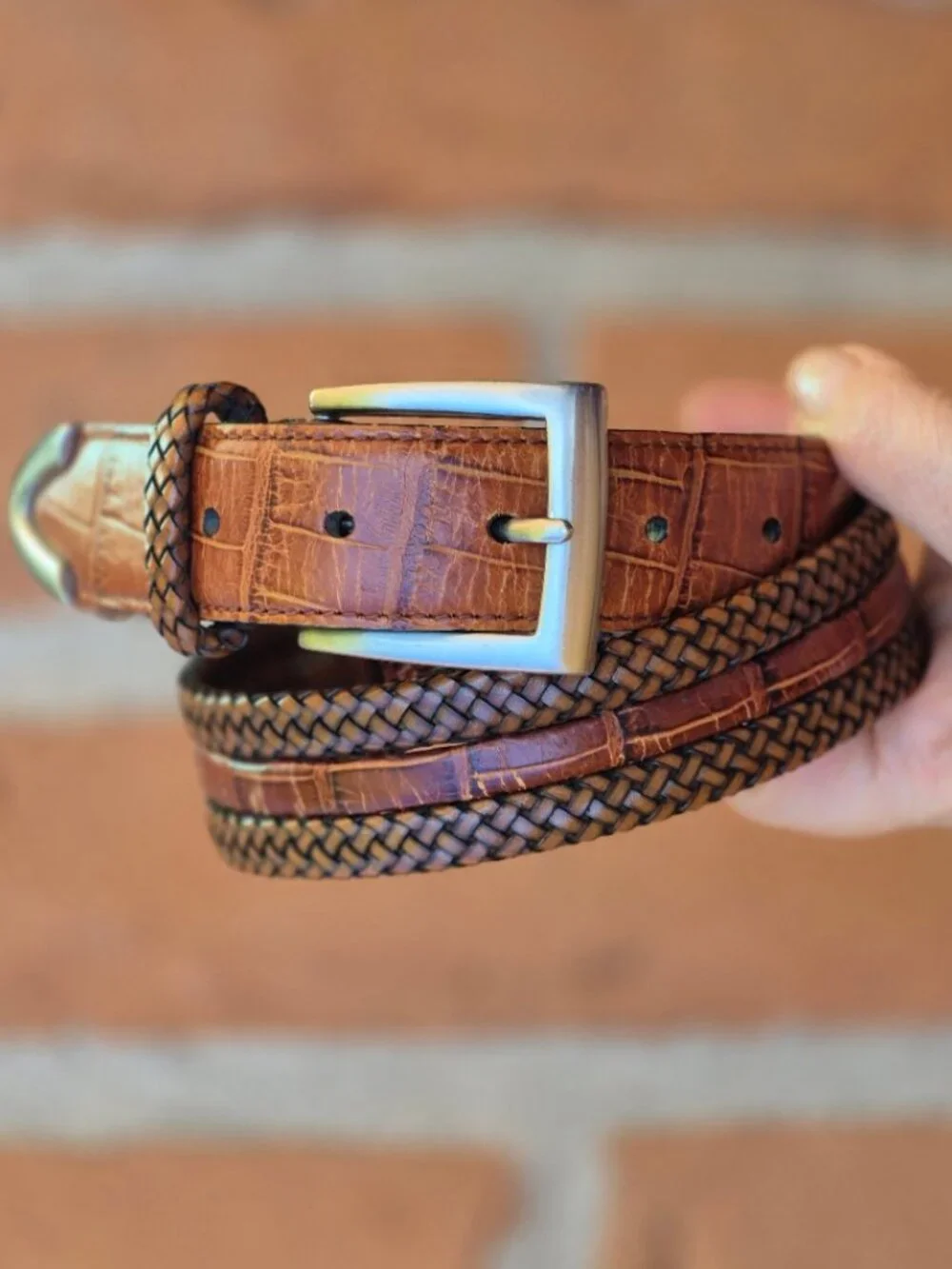 Brighton Braided Two Tone Leather Belt with Moc Croc Accents